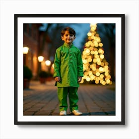 Boy In Green In Front Of A Christmas Tree Poster