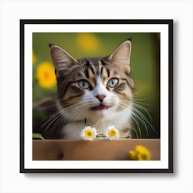 Cat With Flowers Art Print