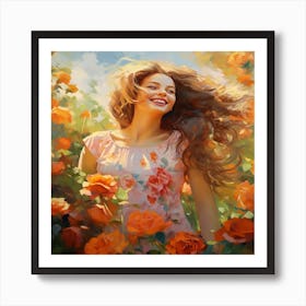 Girl In A Rose Garden Art Print