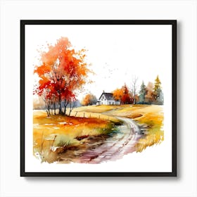 Watercolor Autumn Road In The Countryside Art Print