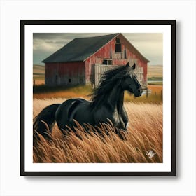 Beautiful Black Stallion In High Grass Copy Art Print