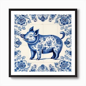 Lucky Pig Delft Tile Illustration 3 Affiche