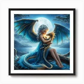 Young blue dragon with her little dragon friend under the moon   Art Print