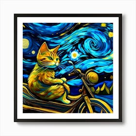 A cat riding a rocket motorcycle through a starry night, with swirling clouds and brushstrokes in Van Gogh's signature style Art Print