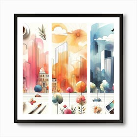 Watercolor Cityscape Set Art Print