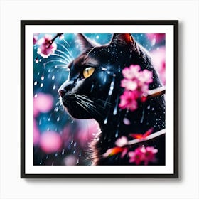 Black Cat amongst the Cherry Blossom Trees on a Rainy Day 1 Art Print
