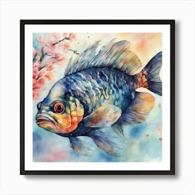 Watercolor Fish With Cherry Blossoms Art Print