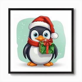 Cartoon Penguin With Gift Art Print