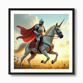 A Heroic Knight In Shining Armor, Riding A Unicorn Through A Golden Meadow 1 Art Print