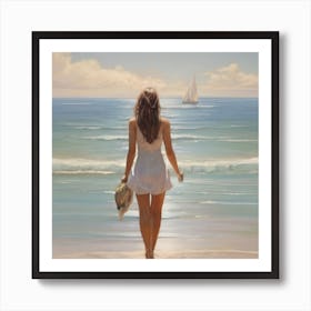 Woman Walking On The Beach Art Print