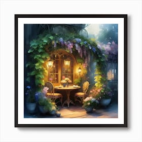 Quiet and attractive dining nook, overgrown flowers, high quality, detailed, highly 3D, elegant carved cart, 21 Art Print