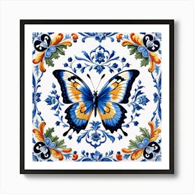 Delft Tile Butterfly in Blue V Art Print