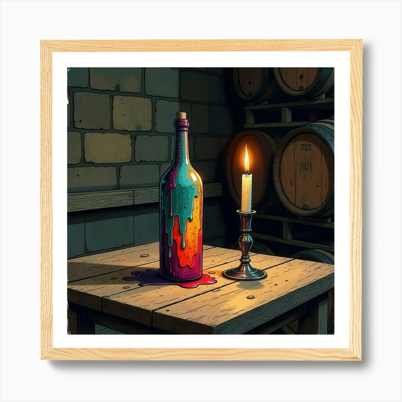 Wine Bottle And Candle Art Print Framed Wall Art Poster Canvas Print Picture