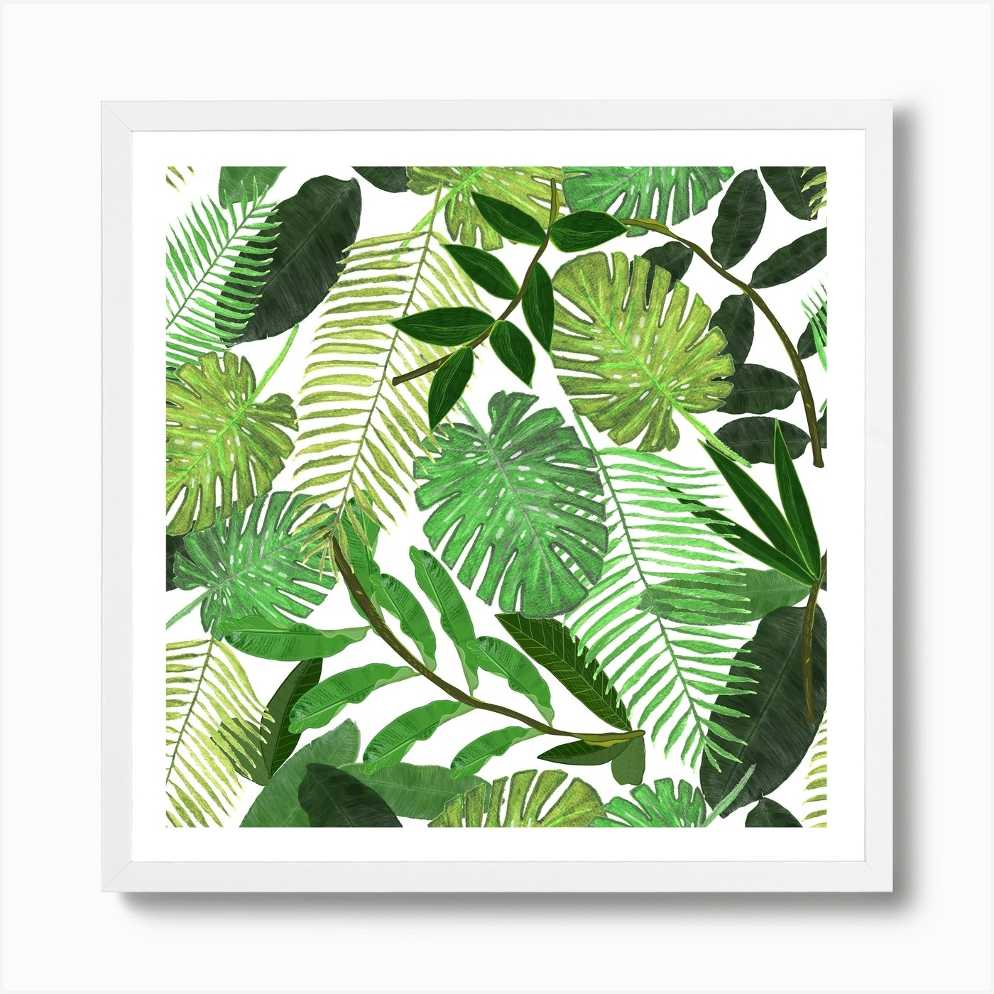 Green Tropical Watercolor Leaves Pattern Square Art Print By Gulsen Gunel - Fy
