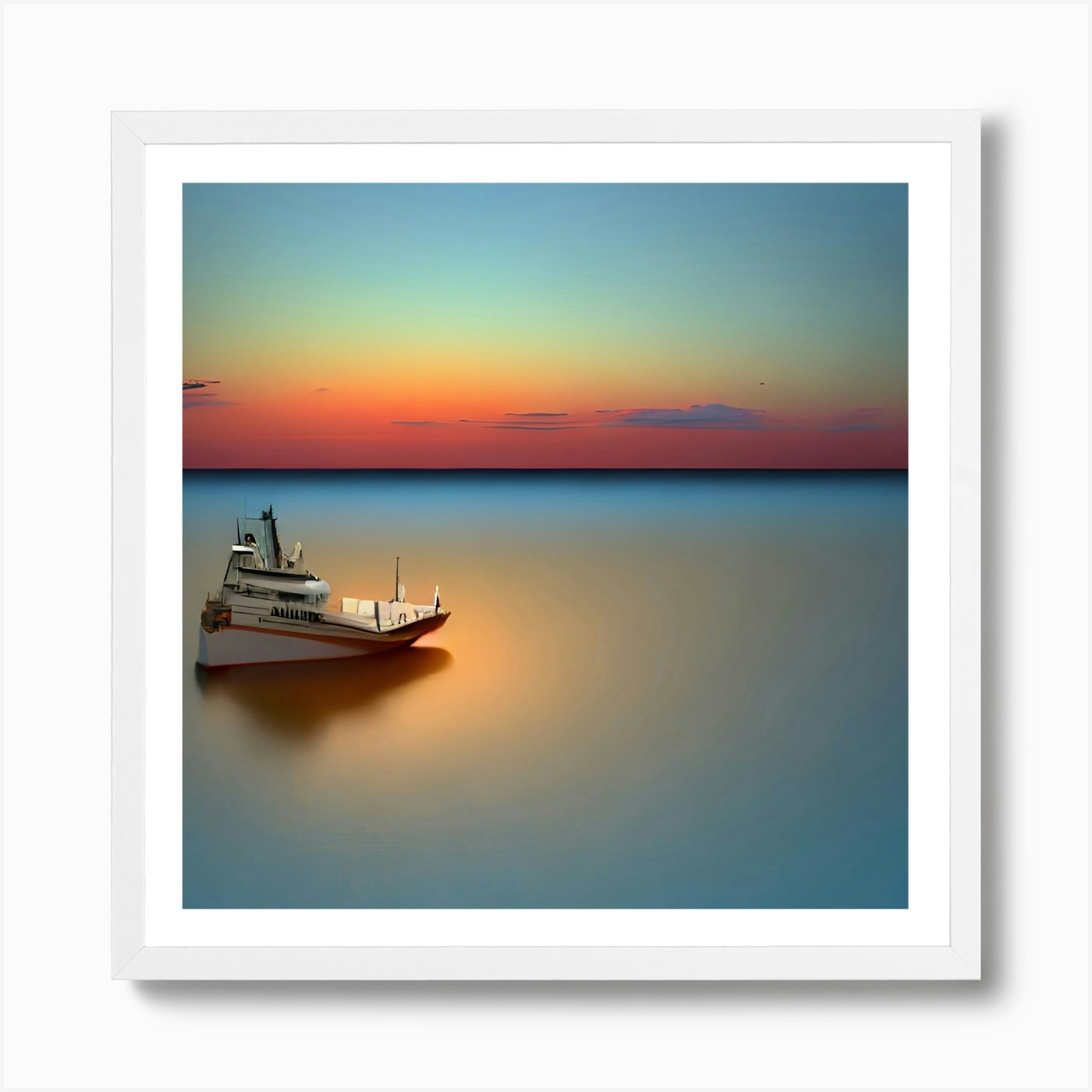 Fisherman Returns Oil Painting Fishing Boat Dusk Ocean Peaceful Pink Square  Wooden Framed Wall Art Print Picture 16X16 Inch