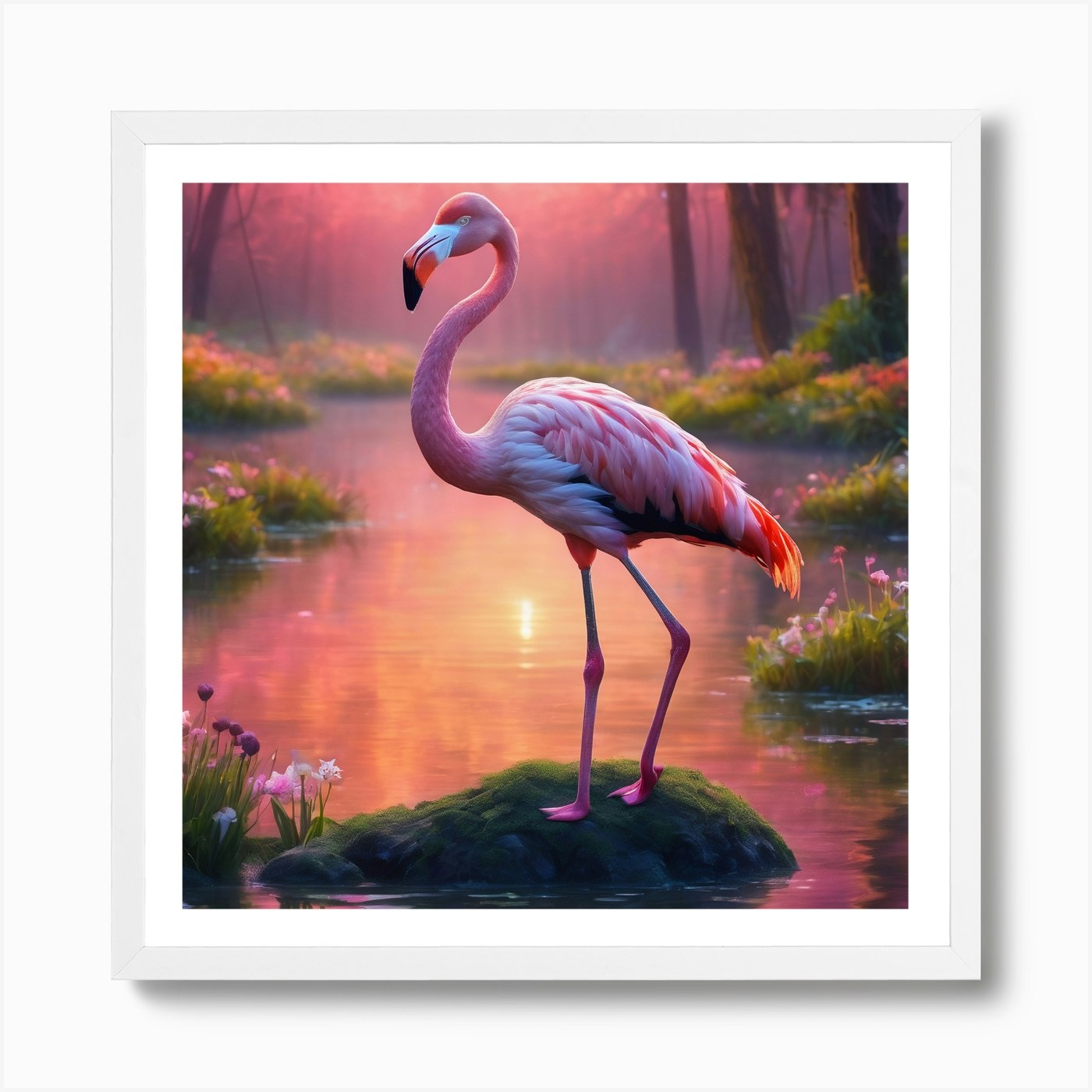 Pink Flamingo In Forest At Sunset Art Print