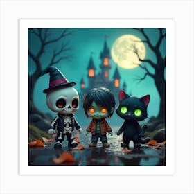 Enchanted Halloween Trio: Skeleton, Zombie, and Black Cat Art Print