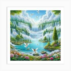 Doves Flying Over Waterfall 1 Art Print