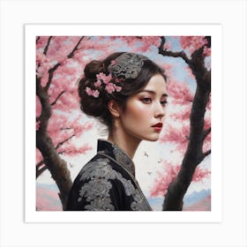 Asian Woman With Cherry Blossoms Art Print