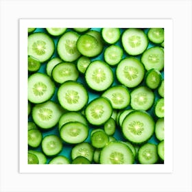 Cucumber Slices On Blue Background Art Print