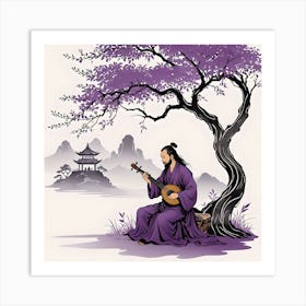 Chinese Landscape With Musician Under A Tree, Purple, Black and White Art Print
