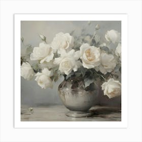 White Roses In A Silver Vase Art Print