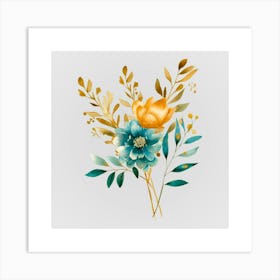 Watercolor Gold And Teal Bouquets 6 Art Print