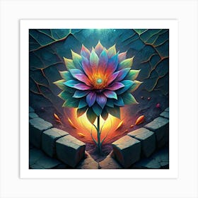 A Surreal Flower Blooming Through Cracked Stone Art Print