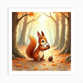 Cartoon Squirrel In Autumn Forest Art Print