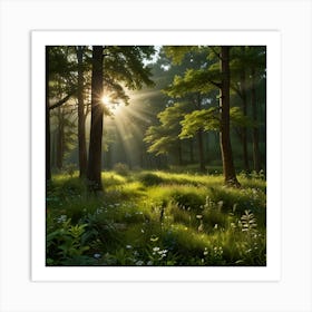 A Serene Landscape With Lush Green Trees Swaying Gently In The Breeze, A Vibrant Forest Floor Covered With Wildflowers Art Print