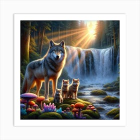 Wolf Family by Waterfall 1 Art Print