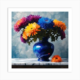 Vase of Orange, Blue & Purple Chrysanthemums Art Print