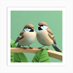 Firefly A Modern Illustration Of 2 Beautiful Sparrows Together In Neutral Colors Of Taupe, Gray, Tan (57) Art Print