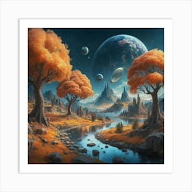 Landscape With Trees And Planets Art Print