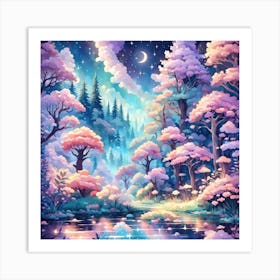 A Fantasy Forest With Twinkling Stars In Pastel Tone Square Composition 173 Art Print