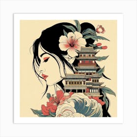 Chinese Girl with Hauses and flowers Art Print