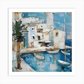 Boats In The Harbor. Mallorcatherapy. Abstraction. sea, boat, Mallorca, abstraction, painting for the interior, palm tree, harbour, marina, yachts, bay, house by the sea, seascape Art Print