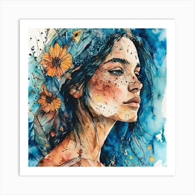 Watercolor Of A Woman With Flowers Art Print