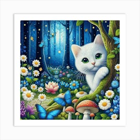 White Cat In The Forest 1 Art Print