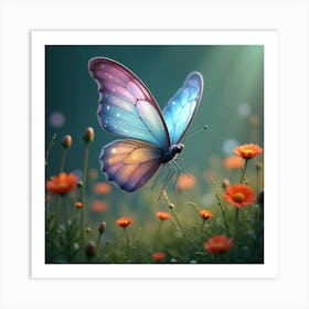 A Dreamy Butterfly With Wings Of Shimmering, Celestial Colors Fluttering Through A Surreal Meadow Art Print