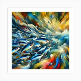 Sardines Gliding Through An Abstract Ocean Of Colors And Shapes, Style Abstract Expressionism 3 Art Print