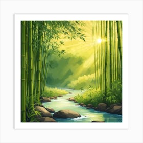 A Stream In A Bamboo Forest At Sun Rise Square Composition 254 Art Print