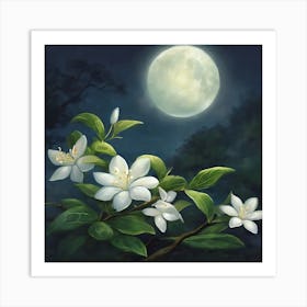 Moonlight With White Flowers Art Print