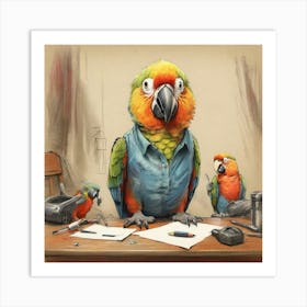 Parrots At The Desk Art Print