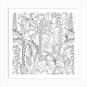 COLOURING BOOK JUNGLE Floral Doodle Tropical Palm Trees Monstera Plants Toucan Line Drawing in Black and White Art Print