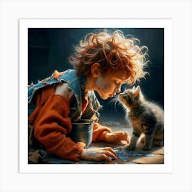 Boy Kissing A Kitten 2 Art Print