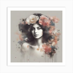 Portrait Of A Woman With Flowers Art Print