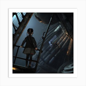 Girl Exploring the Dark, Cavernous Interior of a Huge Derelict Spacecraft Digital Art Art Print