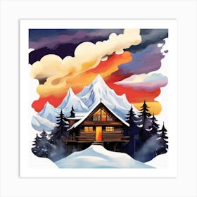 Abstract painting snow mountain and wooden hut 3 Art Print