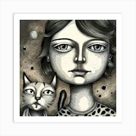 Girl And The Cat Art Print